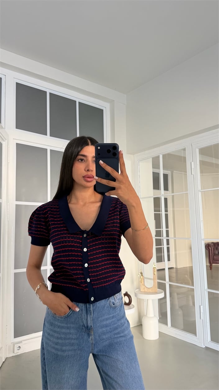 Lacivert Polo Yaka Çizgili Triko Hırka GAUS-02020
