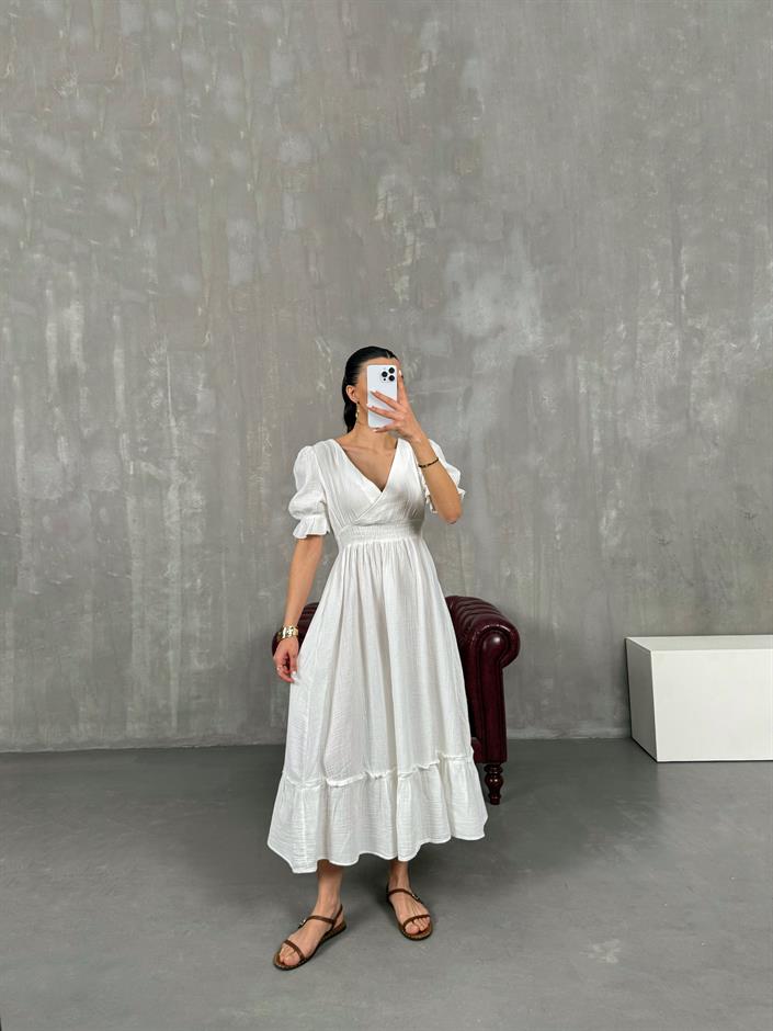 Beyaz V Yaka Beli Lastikli Büzgülü Müslin Pinterest Elbise Gaus00022