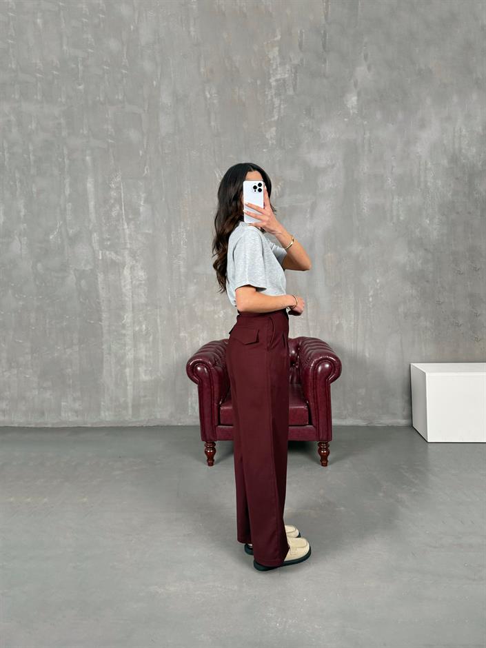 Rigal Bordo Ön Düğme Detaylı Kumaş Pantolon
