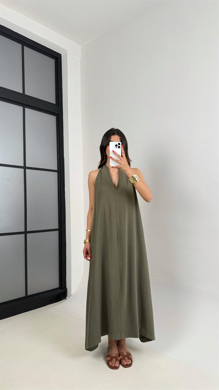 Haki V Yaka Sırt Detaylı Premium Tencel Elbise Gaus00481 