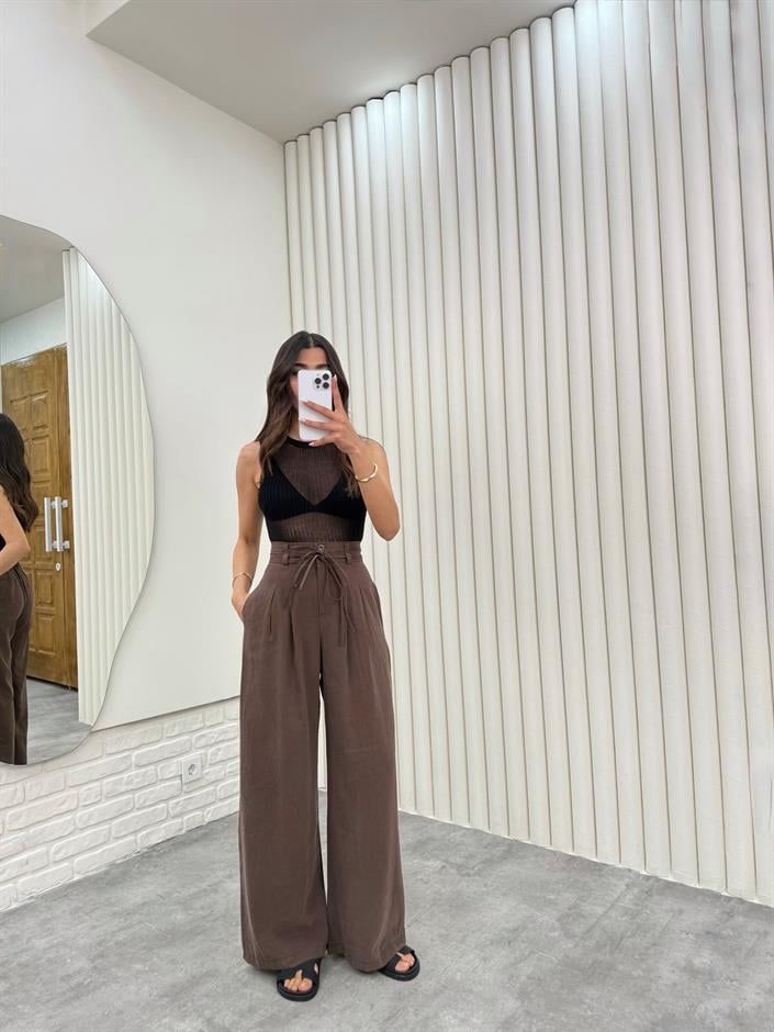 Kahve Kuşaklı Tensel Kırışık Kumaş Palazzo Pantolon Gaus00302