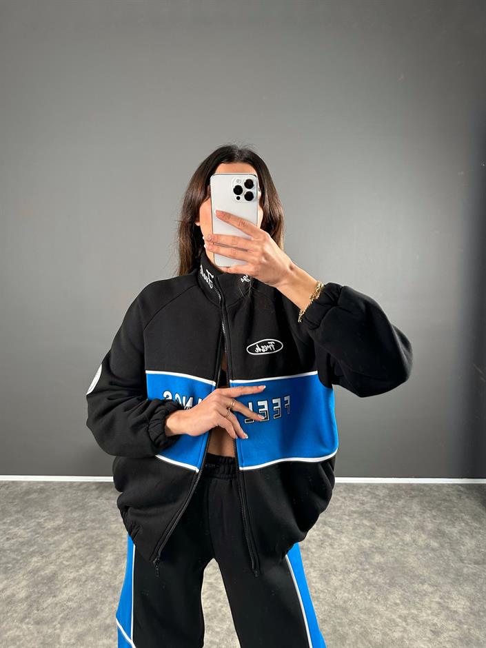 Carter Mavi Blok Renkli Fermuarlı Sweatshirt İkili Takım 
