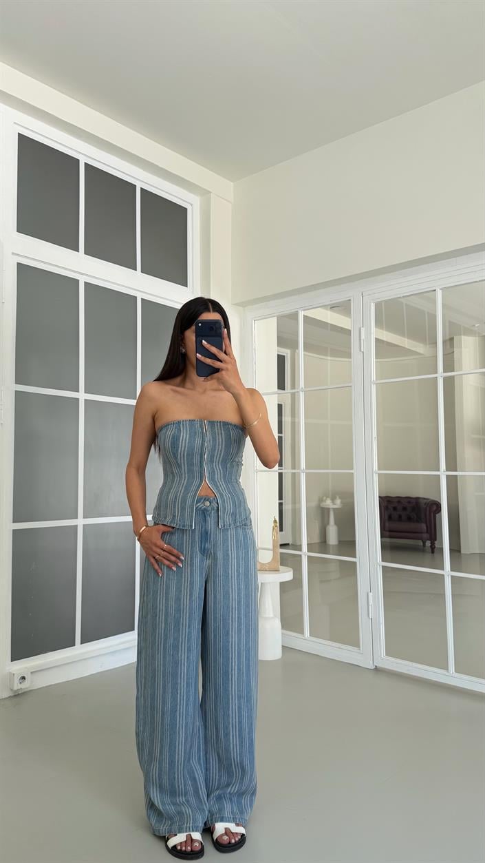 Mavi Bustiyer Palazzo Pantolon Çizgili Denim Takım GAUS-01686