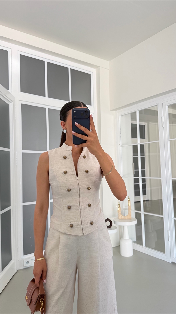Taş Düğme Detaylı Ceket Pantolon İkili Keten Takım GAUS-01739