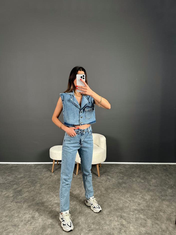Amio Mavi Yelekli Denim Takım 