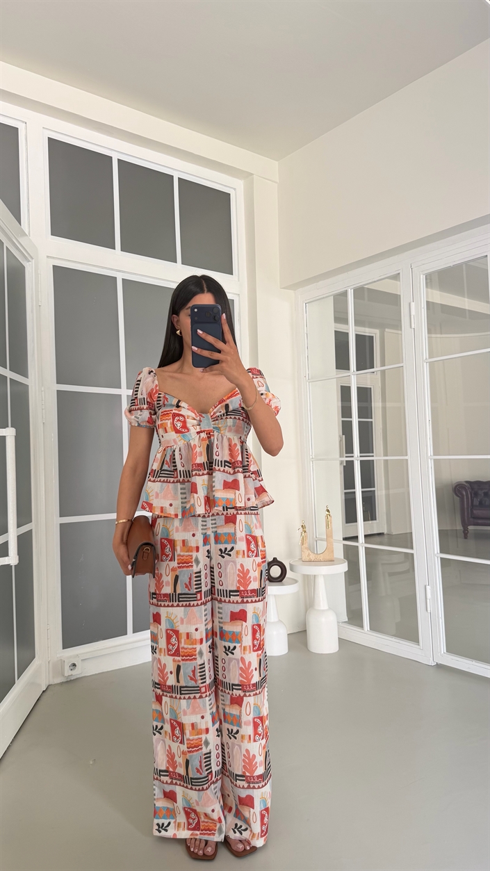 Çok Renkli Balon Kol Bluz Pantolon Desenli Keten Takım GAUS-01758