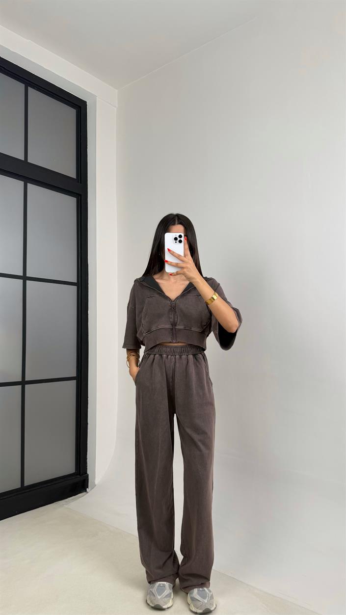 Kahve Yıkama Desenli Kapüşonlu Crop Hırka Beli Lastikli Pantolon İkili Premium Takım GAUS-0063