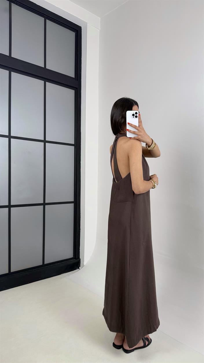 Kahve V Yaka Sırt Detaylı Premium Tencel Elbise Gaus00481 