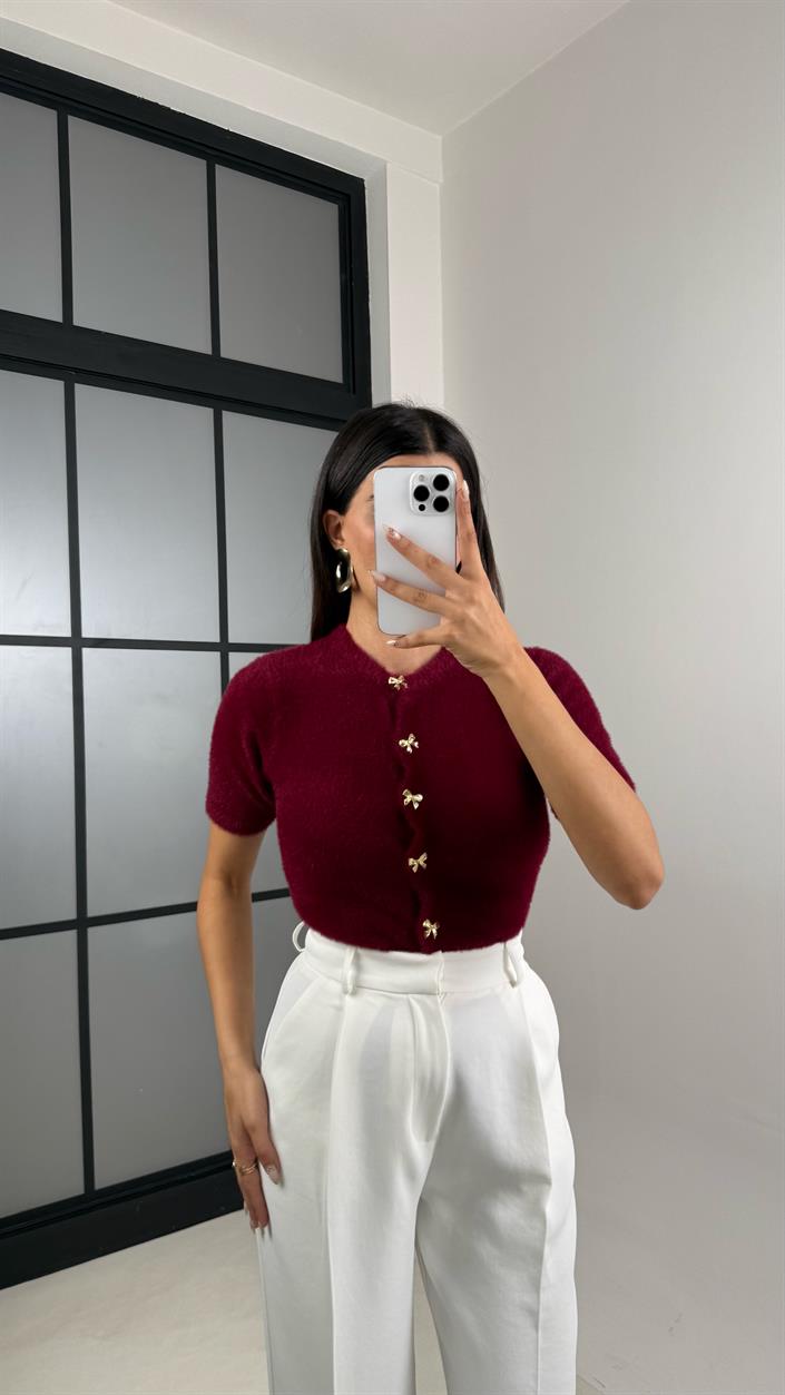Bordo Fiyonk Düğmeli Yumuşak Dokulu Triko Hırka GAUS-00145