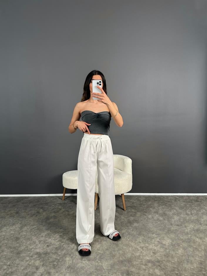 Rusha Beyaz Beli Lastikli Poliviskon Pantolon 