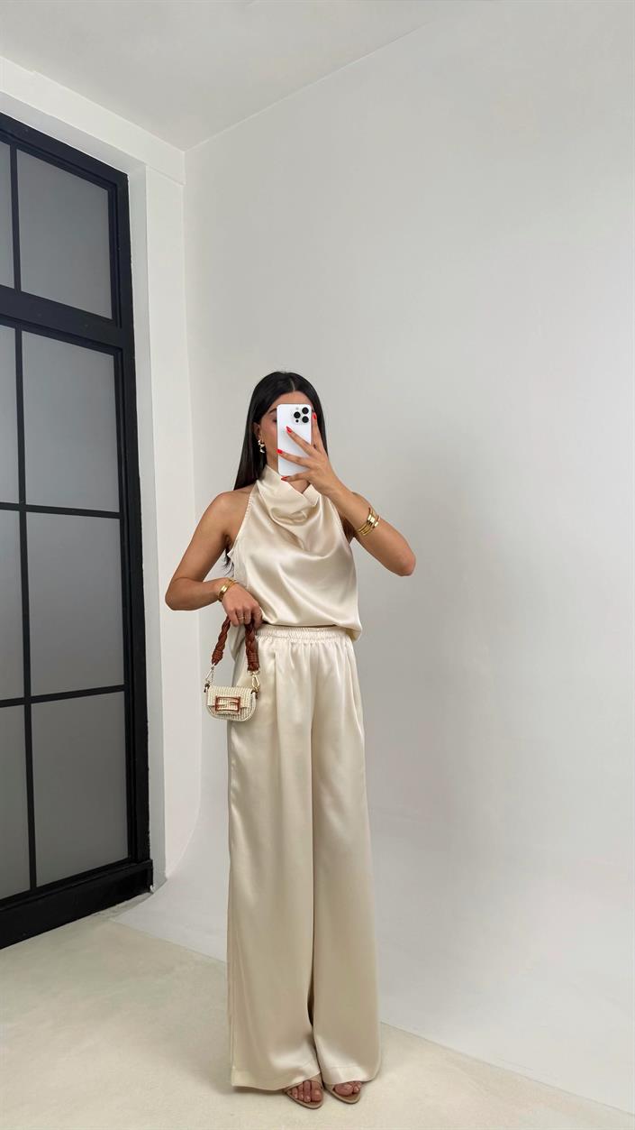 Taş Degaje Yaka Bluz Beli Lastikli Pantolon Saten Takım GAUS-01222