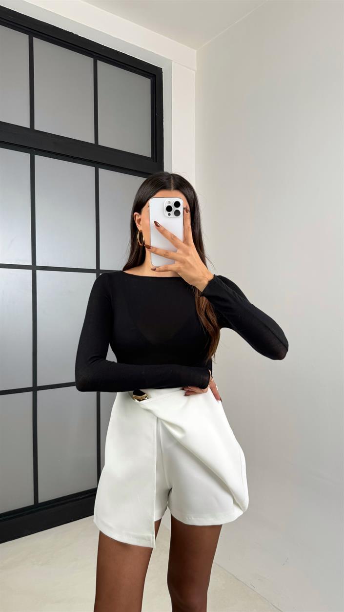 Beyaz Gold Tokalı Şort Etek GAUS-00453