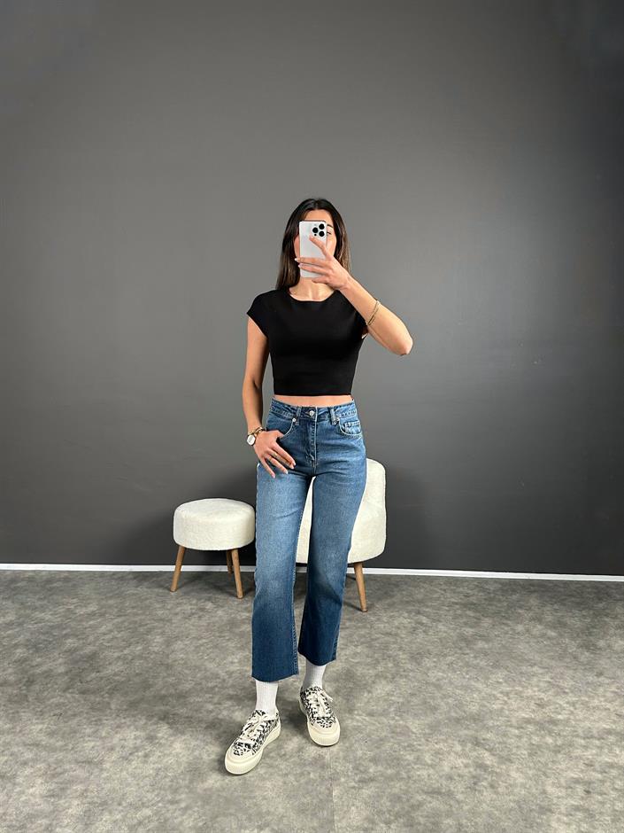 ZR Mavi Kesik Paça High Waist Jean