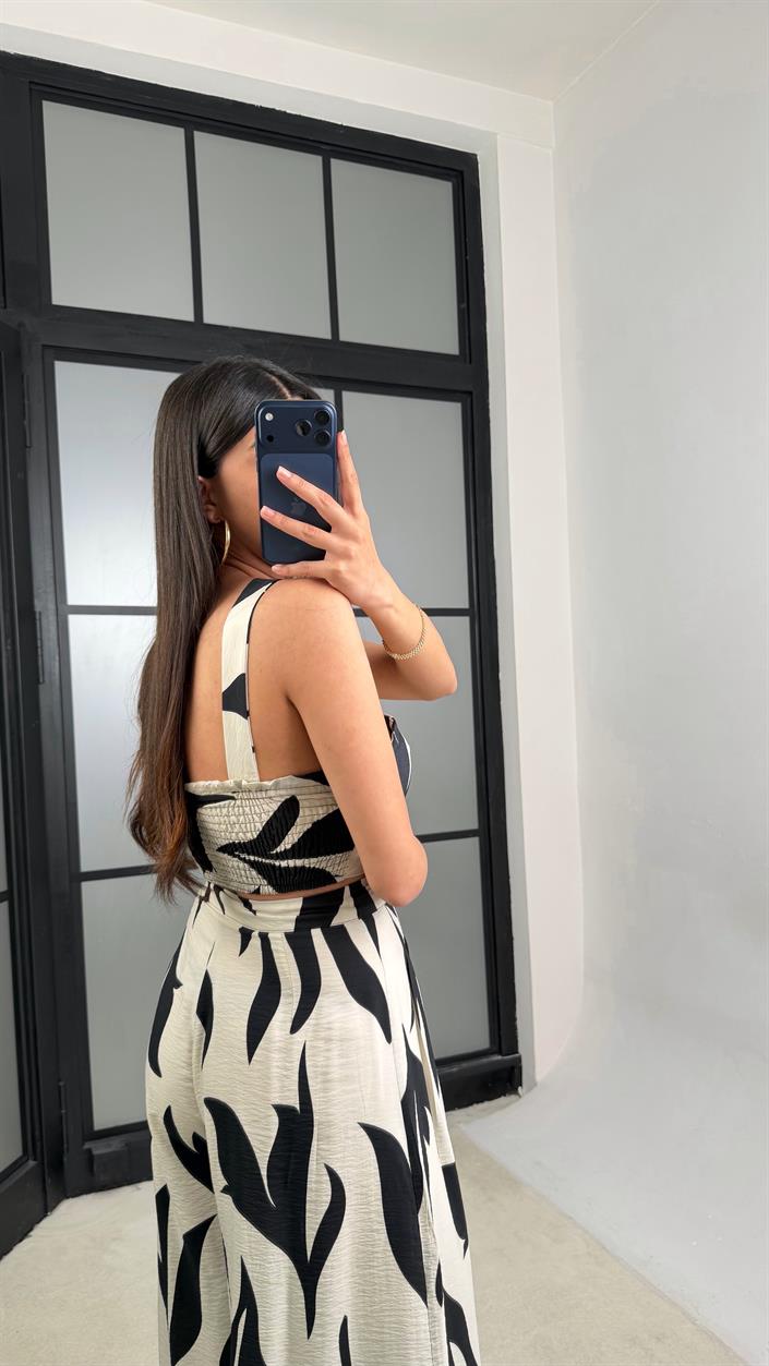 Ekru Desenli Beli Lastikli Crop Cepli Pantolon İkili Premium Takım GAUS-01390