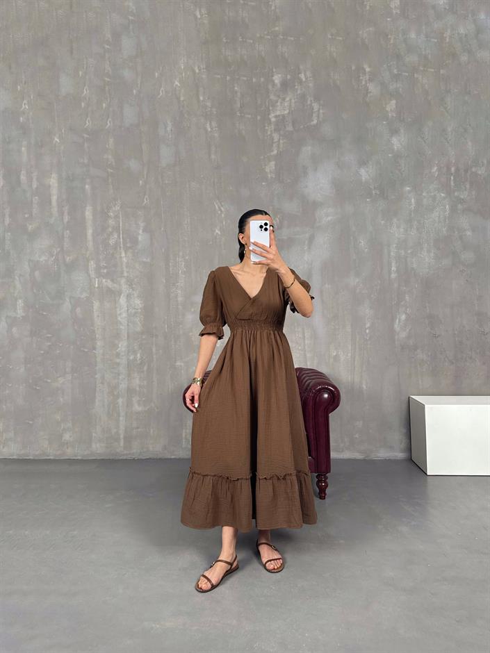 Kahve V Yaka Beli Lastikli Büzgülü Müslin Pinterest Elbise Gaus00022