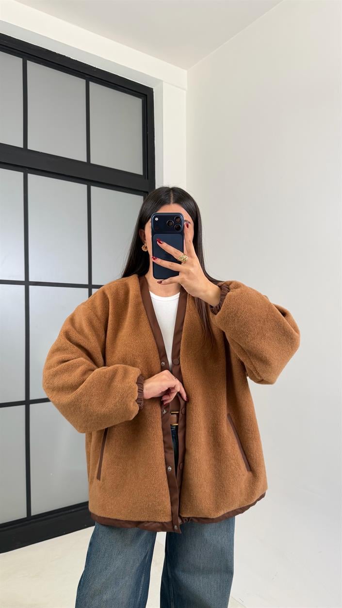Kahve Çıtçıt Düğmeli Astarlı Peluş Ceket GAUS-00632