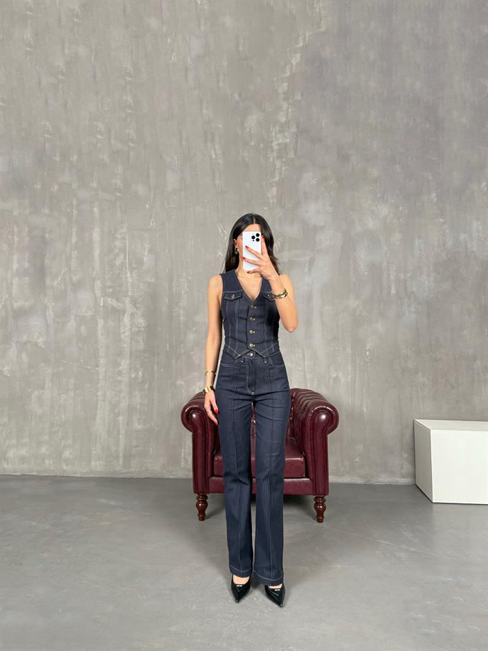 Lacivert Likralı Yelek Pantolon İnce Denim Takım Gaus00198