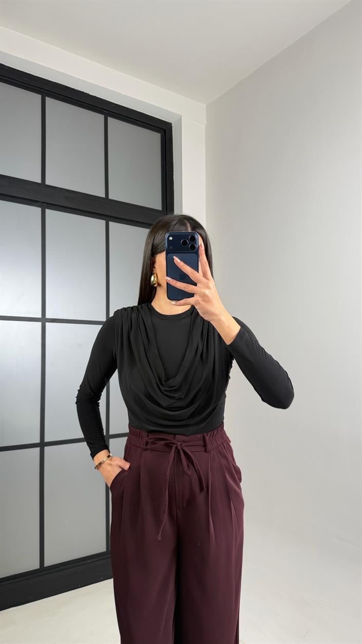 Mürdüm Beli Lastikli Kuşaklı İthal Kumaş Pantolon GAUS-00869