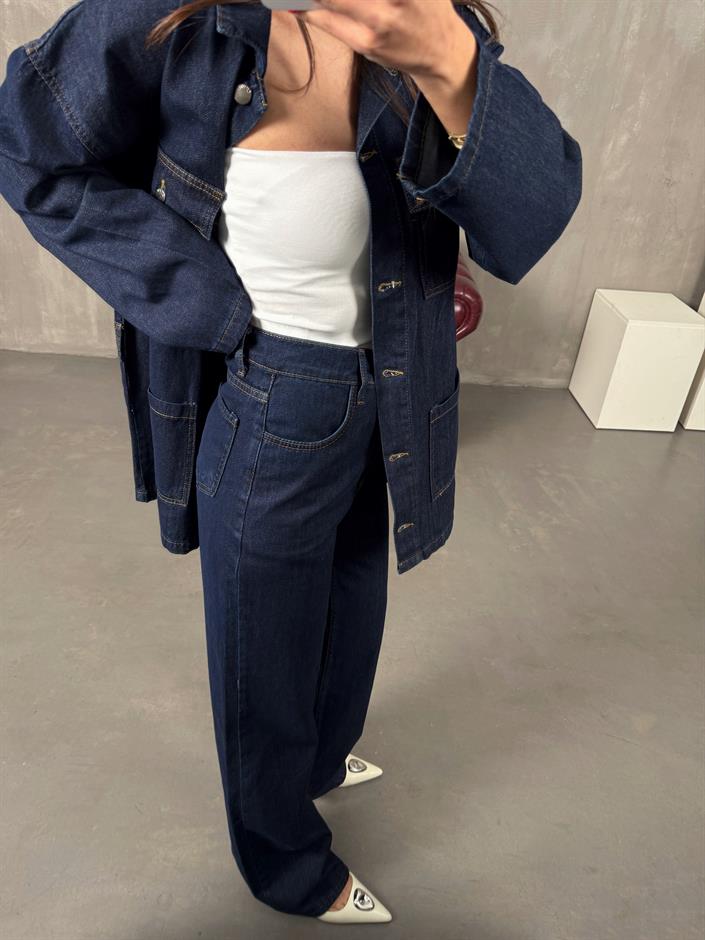 Lovato Lacivert Düğmeli Cep Detaylı Kuşaklı Denim Takım 