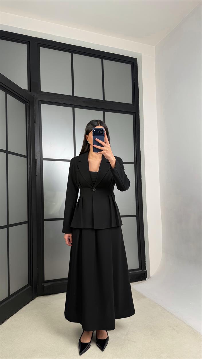 Siyah Belden Oturtmalı Astarlı Vatkalı Ceket Cepli Etek Premium Takım GAUS-01290