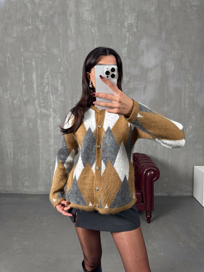 Tatya Camel MD Baklava Desenli Hırka