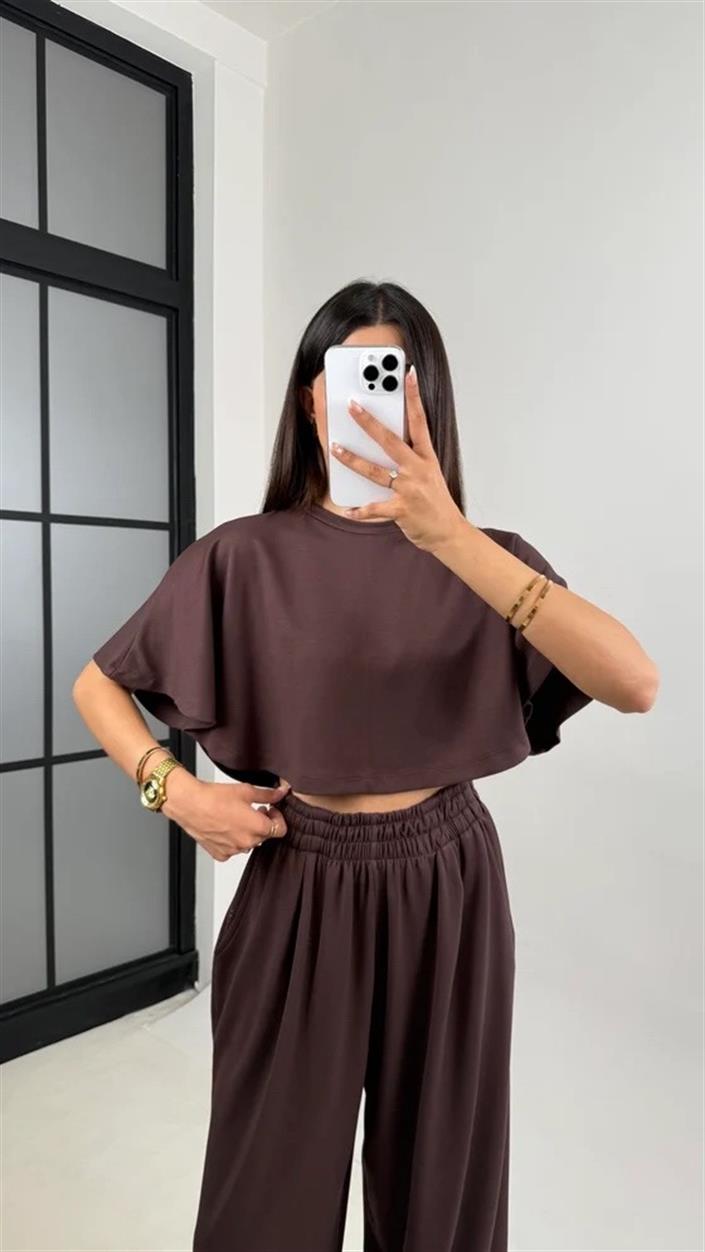 Kahve Crop Beli Lastikli Palazzo Eşofman İkili Modal Kumaş Takım GAUS-01219