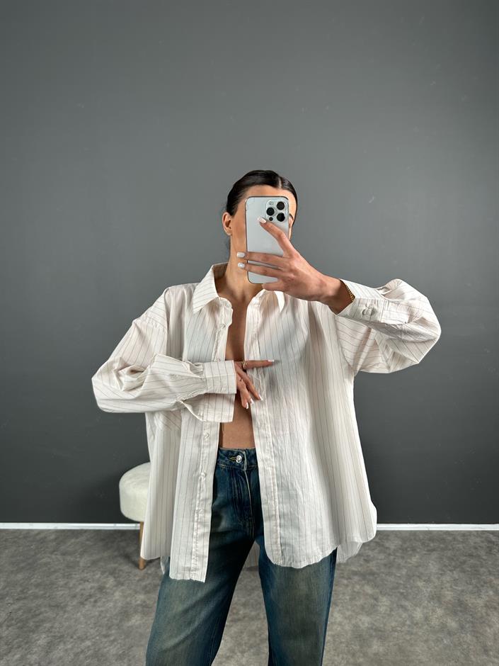Purcey Premium Bej Çizgili Oversize Gömlek