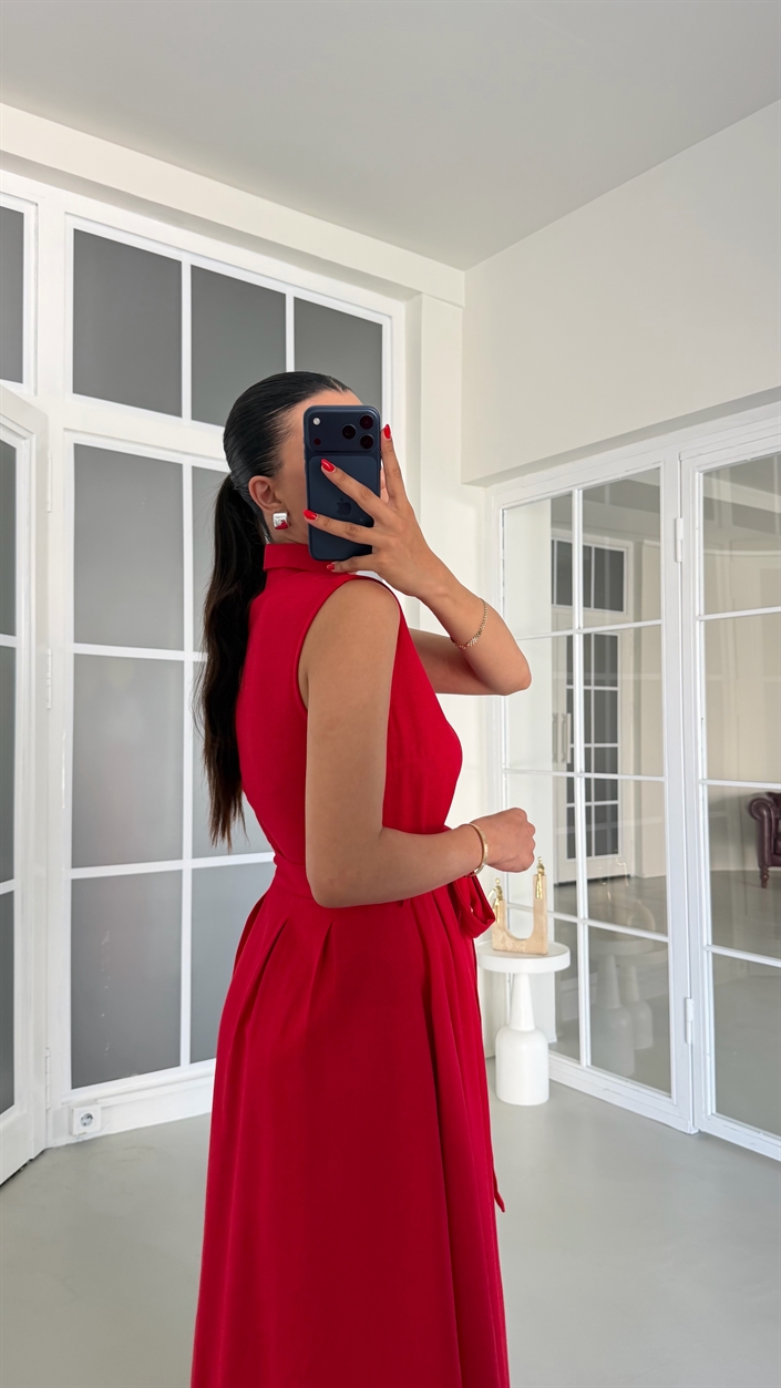 Kırmızı Sıfır Kol Kuşaklı Keten Elbise GAUS-01832
