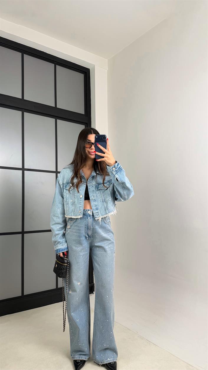 Mavi Crop Ceket Jean Taşlı ZR Model Denim Takım GAUS-00917