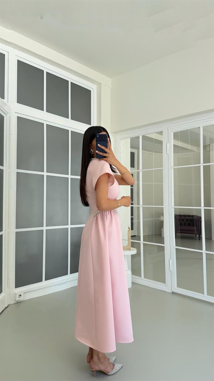 Pembe Taş Detaylı Midi Elbise GAUS-01683