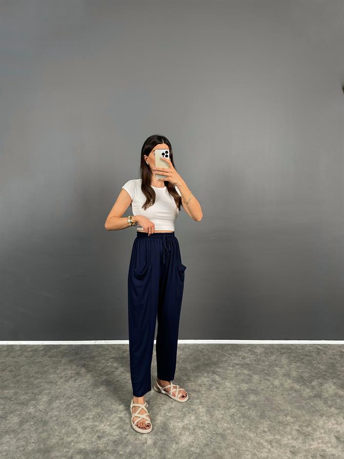 Pilea Beli Lastikli Önden Cepli Rahat Kumaş Lacivert Şalvar Pantolon