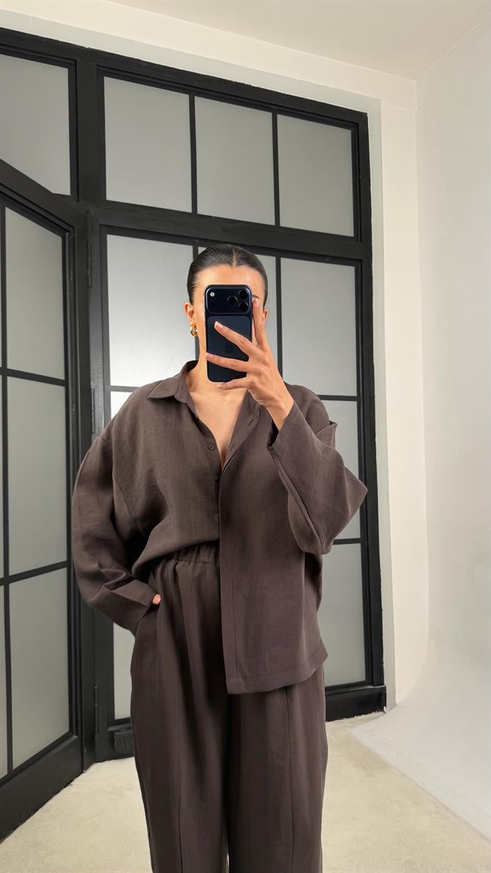 Acı Kahve Gömlek Beli Lastikli Pantolon Premium Tencel Kumaş Takım GAUS-01525