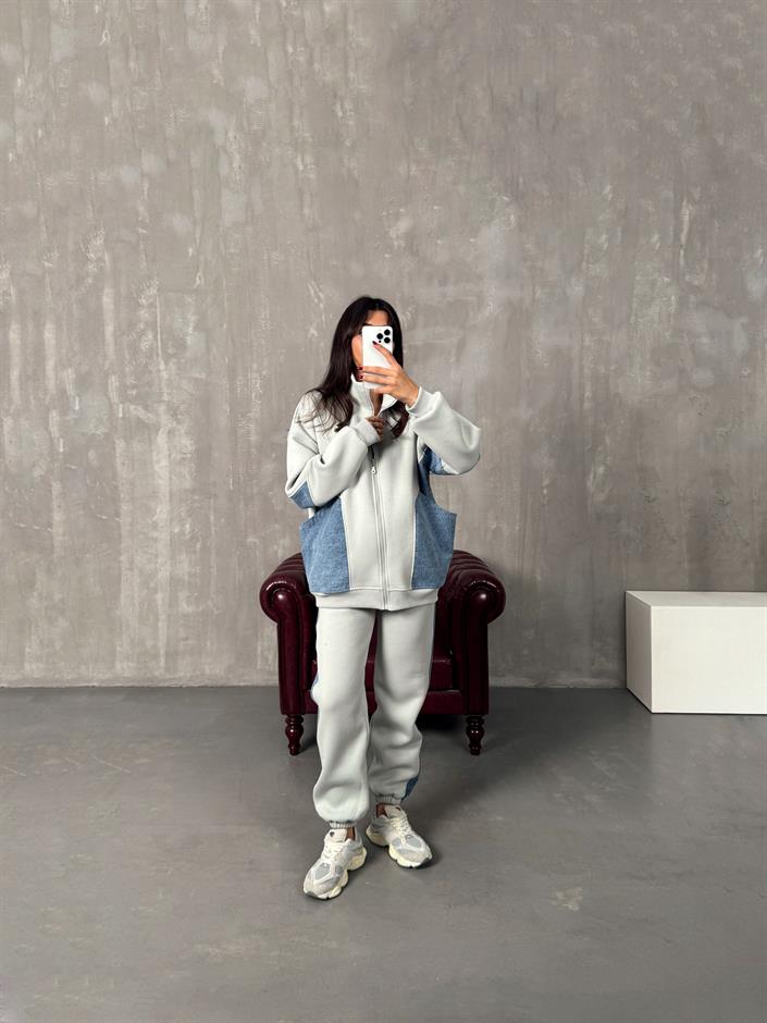 Lome Gri Denim Karışımlı Şardonlu Oversize Takım