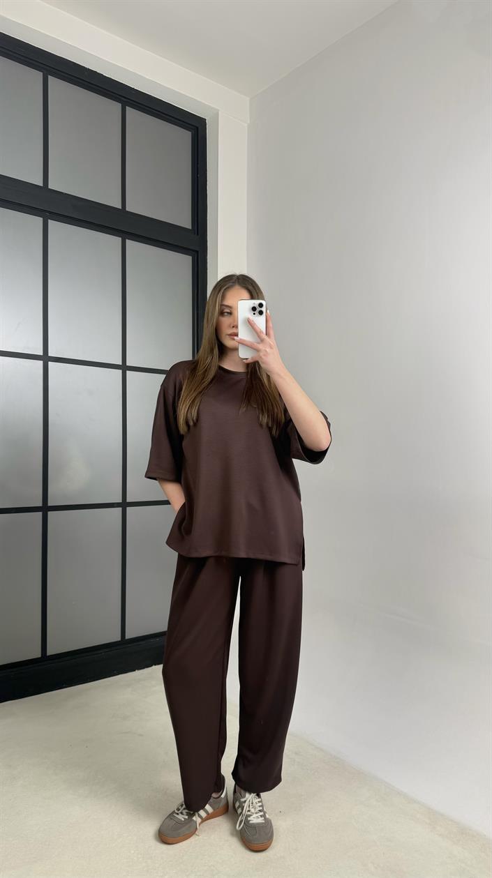 Kahve Bluz Beli Lastikli Pantolon Modal Kumaş Basic Takım GAUS-01132