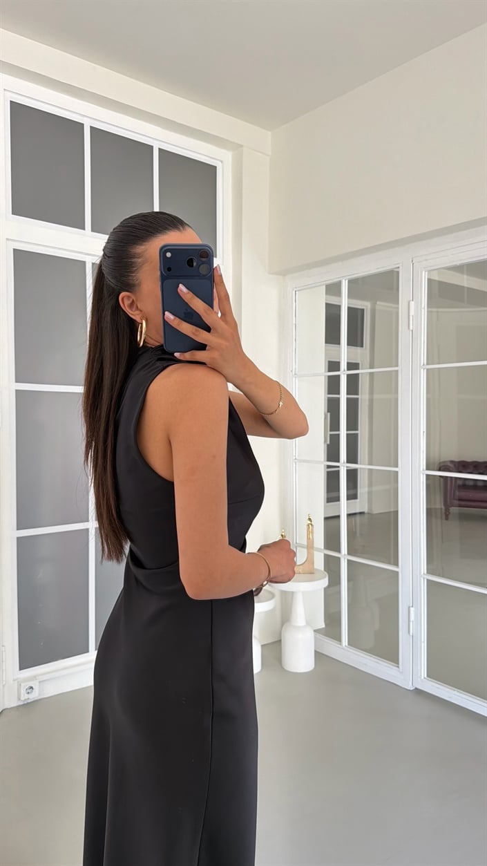 Siyah Degaje Yaka Saten Elbise GAUS-01762