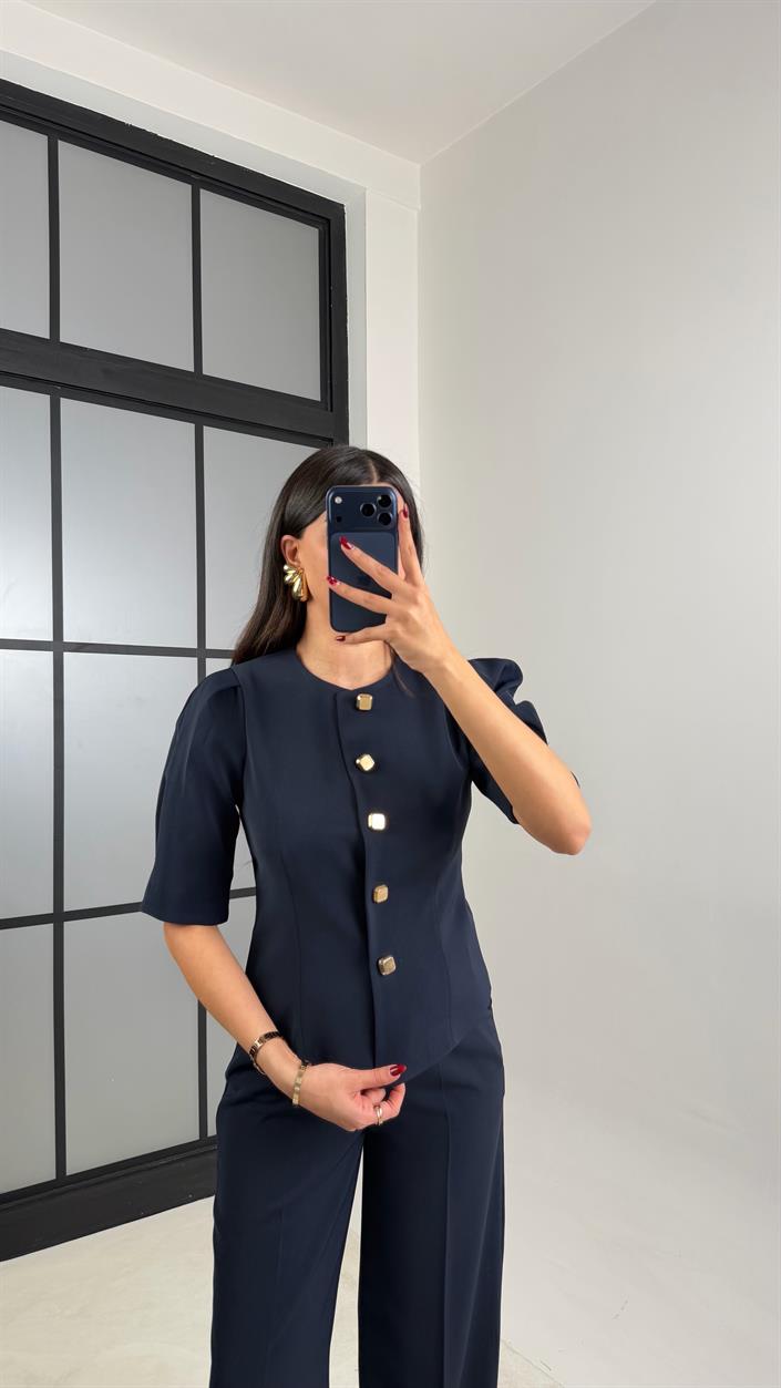 Lacivert Gold Düğmeli Balon Kol Ceket Beli Lastikli Pantolon Kumaş Takım GAUS-00748