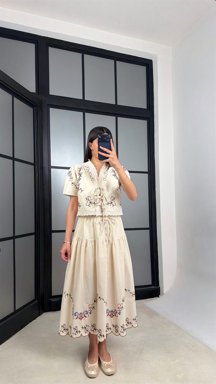 Taş Nakışlı Bluz Beli Lastikli Etek Yıkamalı Keten Takım GAUS-01365