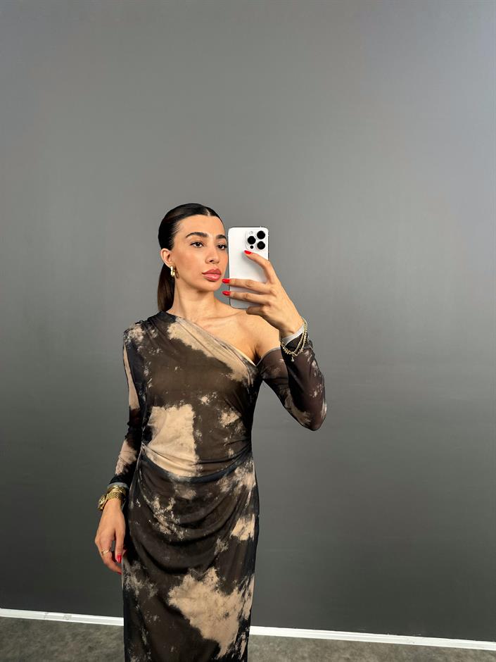 Joven Kahve Karışımlı Desenli Belden Büzgülü Omuz Detaylı Elbise