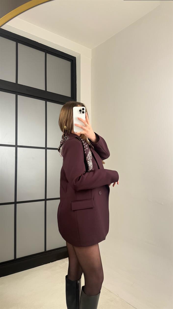 Mürdüm Astarlı Vatkalı Fular Detaylı Blazer Ceket GAUS-00976