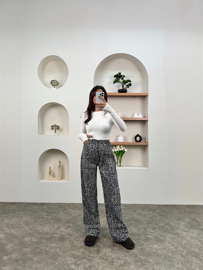 Regan Gri Leoparlı Önden Bağlamalı Pantolon