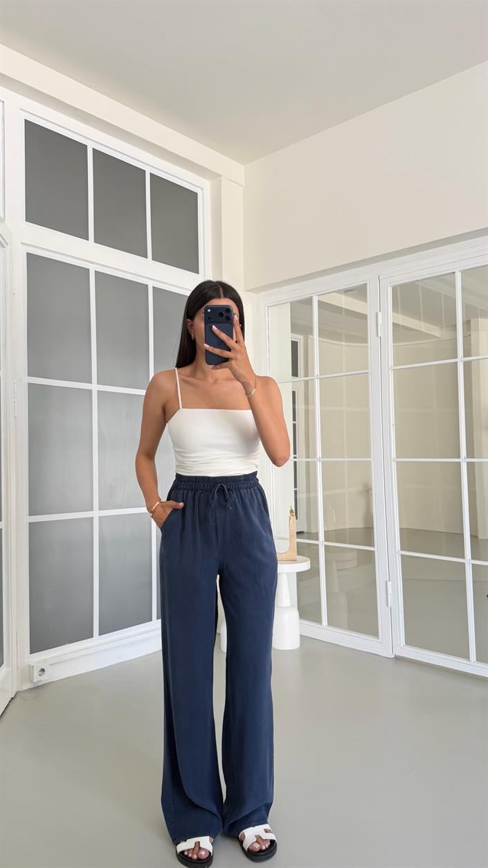 Lacivert Yıkamalı Beli Lastikli Tencel Pantolon GAUS-01678