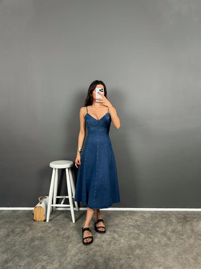 Jain Night Blue Ayarlanabilir Askılı Göğüs Detaylı Kot Elbise
