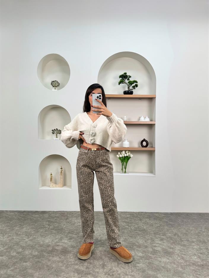 Erva Leopar Desenli Denim Pantolon
