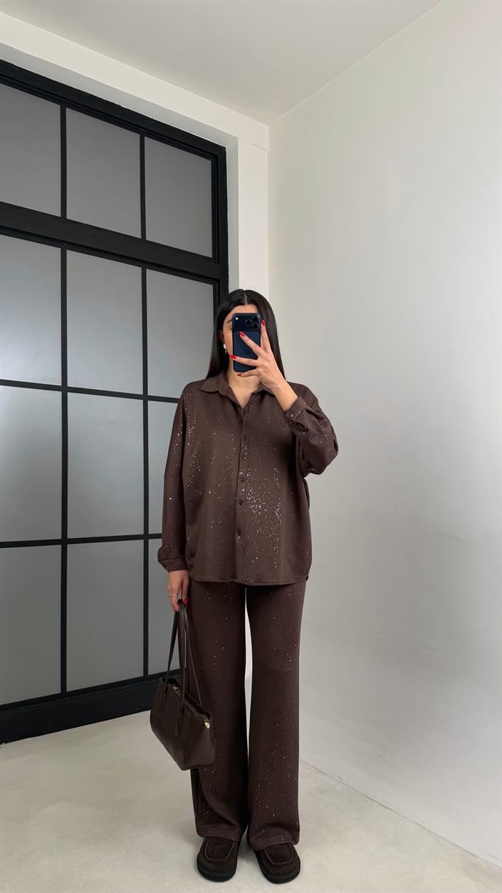 Kahve Gömlek Beli Lastikli Pantolon Premium Simli Takım GAUS-01013 GAUS-01014