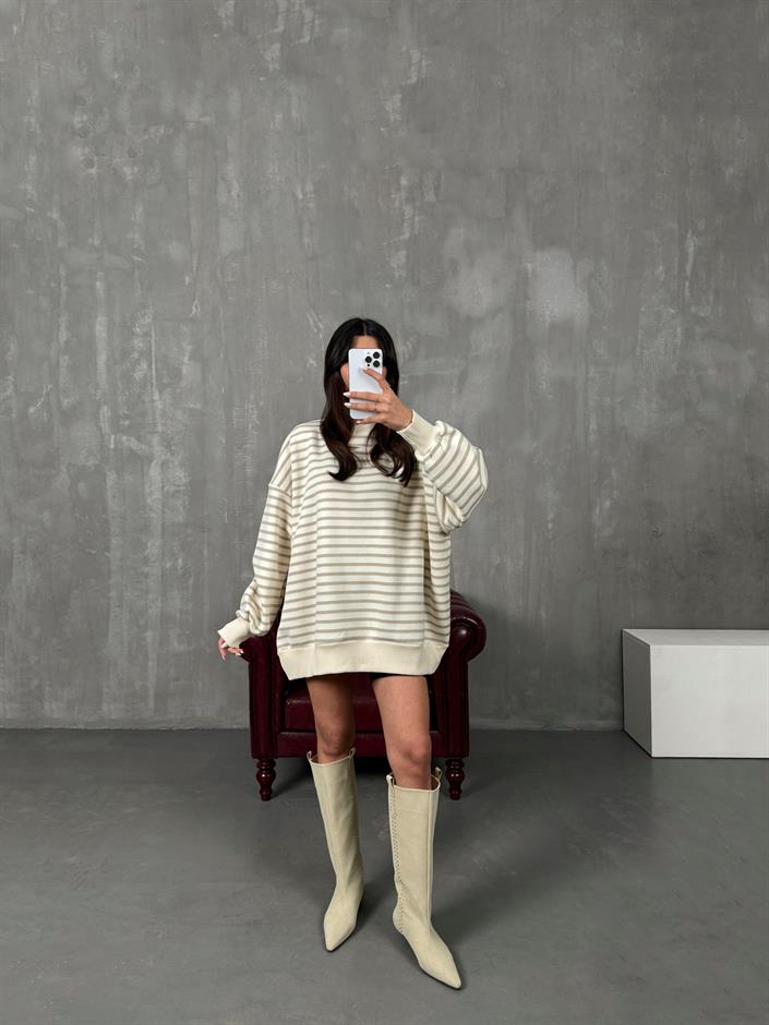 Felisya Vizon Çizgili Üç İplik Şardonlu Sweat