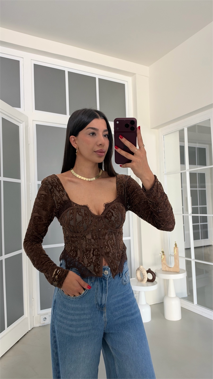 Acı Kahve Dantel Detaylı Premium Korse Bluz GAUS-02281