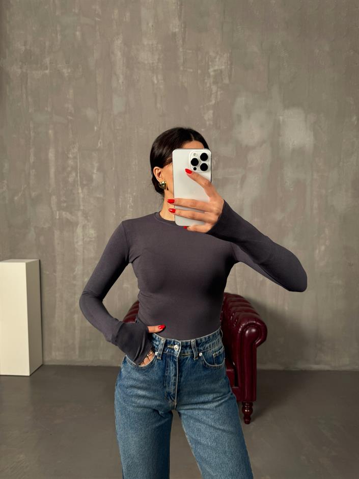 Odri Antrasit Oys Modal Kumaş Bisiklet Yaka El Detaylı Bluz