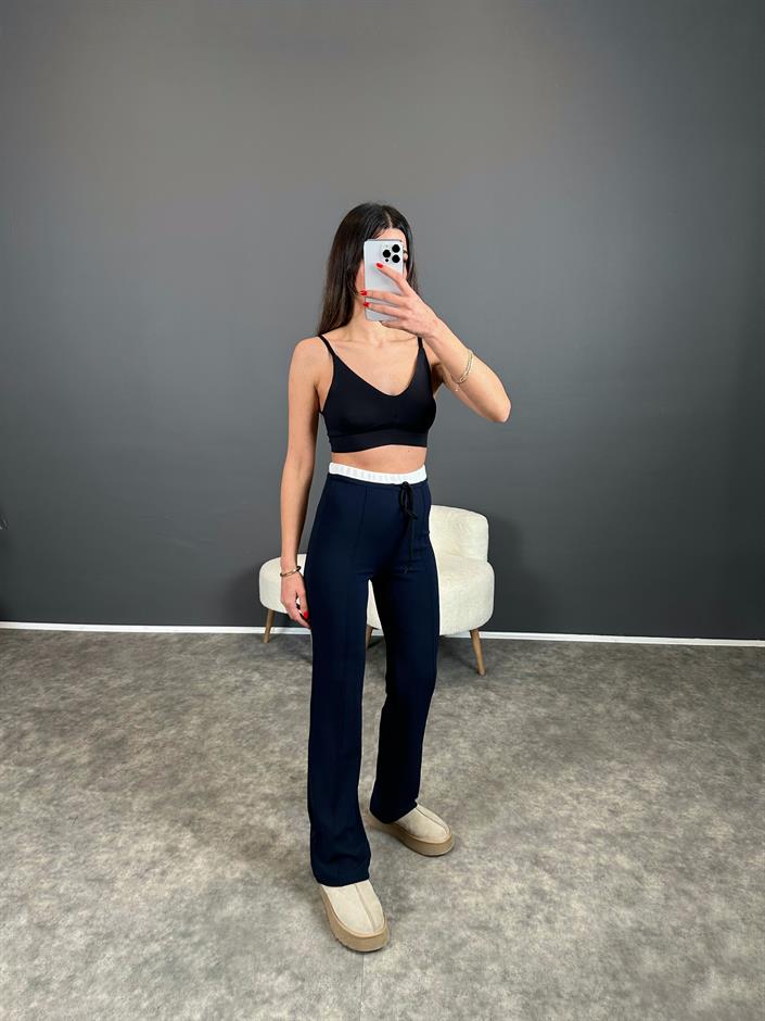 Maso Lacivert Bel Detaylı Çımalı Likralı Pantolon