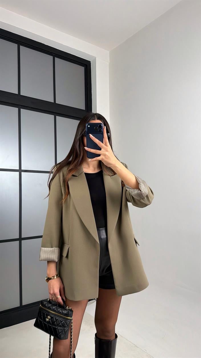 Haki Astarlı Vatkalı Cep Detaylı Blazer Ceket GAUS-00850