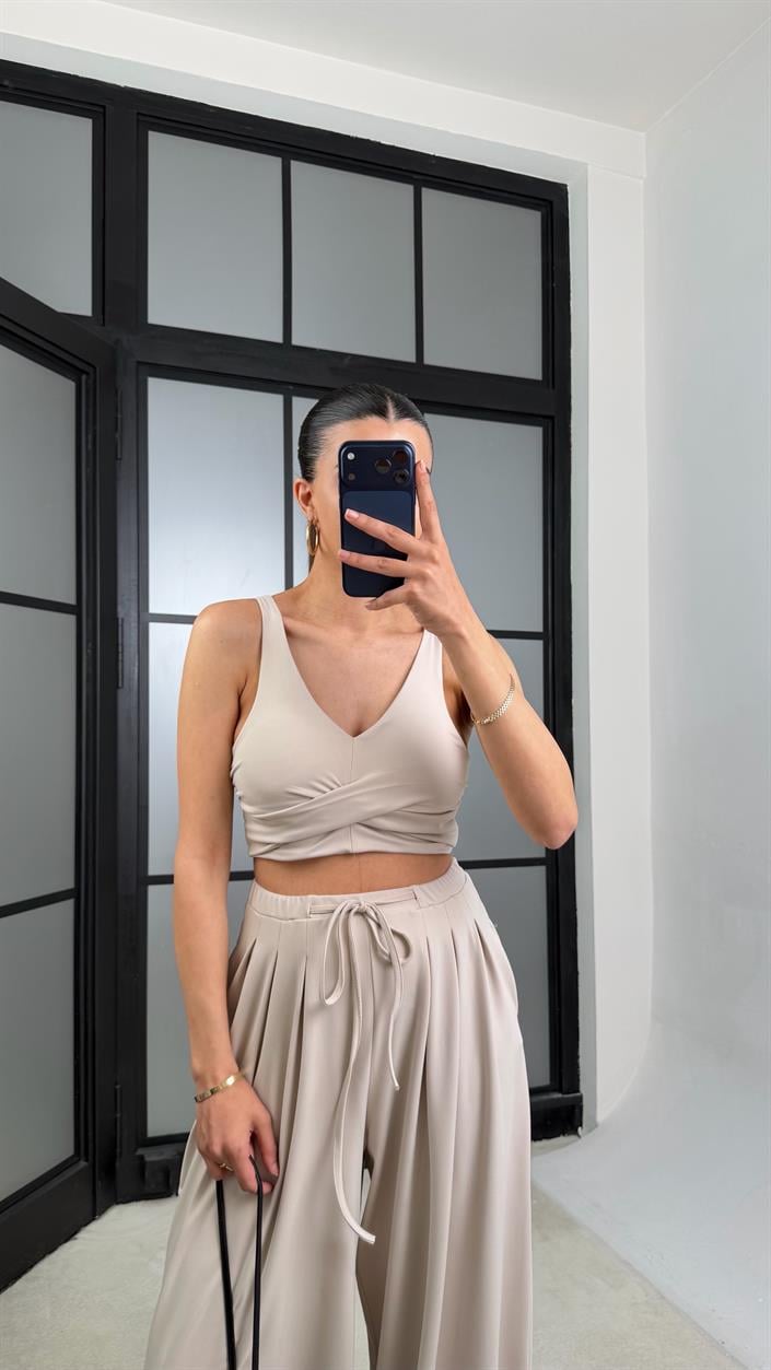 Bej OYS Model Pedli  Crop Beli Lastikli Pantolon İkili Takım GAUS-01441